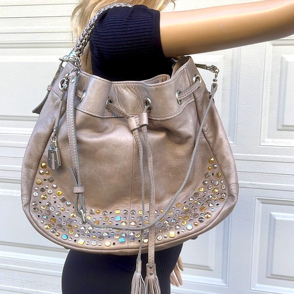 Via Repubblica Italy Genuine Leather Taupe Greige
Handbag Silver Gold Studs Bag - Picture 3 of 14